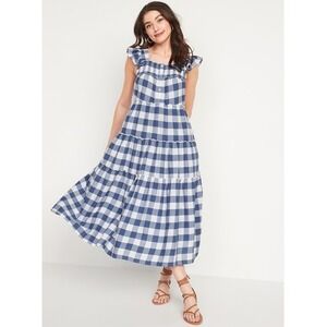 Old‎ Navy Blue Gingham Flutter Sleeve Tiered Midi Swing Dress NEW Size M